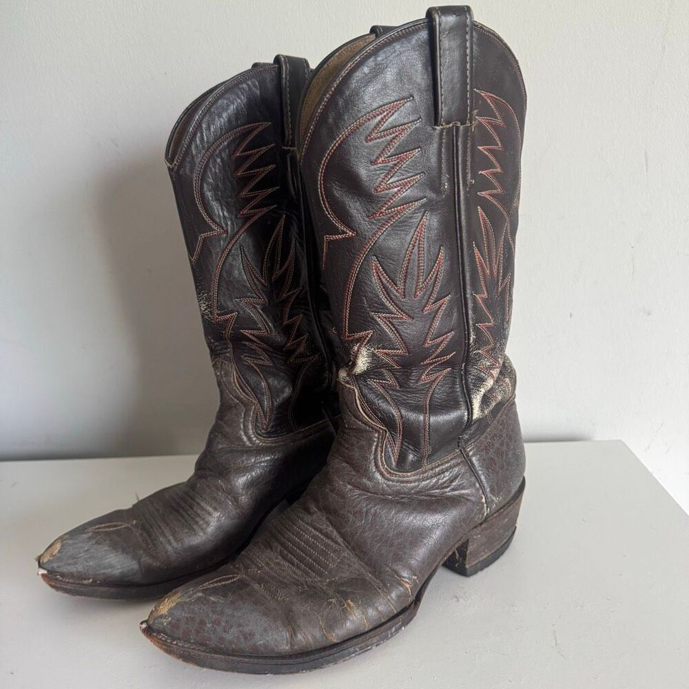 Vintage Well Loved Cowtown Brown Leather Distressed Western Cowboy Boots